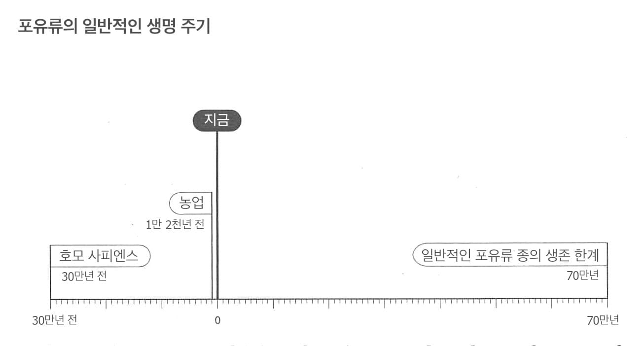 이 이미지는 ‘일반적인 포유류 종의 생명 주기’라는 제목의 타임라인 그래프를 보여주며, 약 30만 년 전 ‘호모 사피엔스’의 시작, 1만 2천 년 전 ‘농업’의 시작을 사각형으로 표시하고 있으며, ‘현재’를 70만 년의 ‘일반적인 포유류 종의 종말’ 텍스트 옆에 표시하고 있습니다.